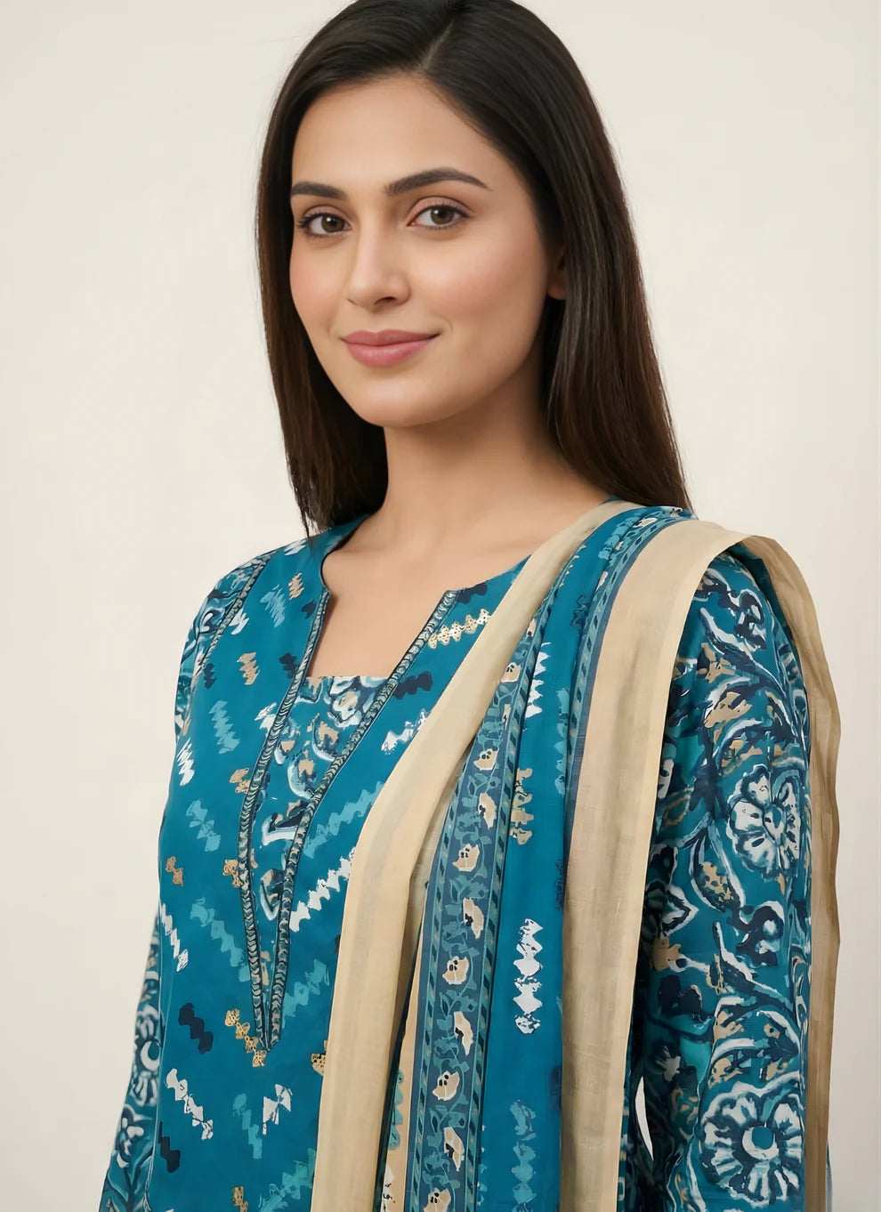 Teal Blue Mughal Floral Block Print Pure Cotton Kurta, Pants & Dupatta 3-Piece Set with Gold Foil Detail & Lace Border