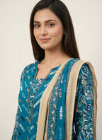 Teal Blue Mughal Floral Block Print Pure Cotton Kurta, Pants & Dupatta 3-Piece Set with Gold Foil Detail & Lace Border