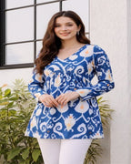 Women Blue Ikat Print Cotton Tunic Top