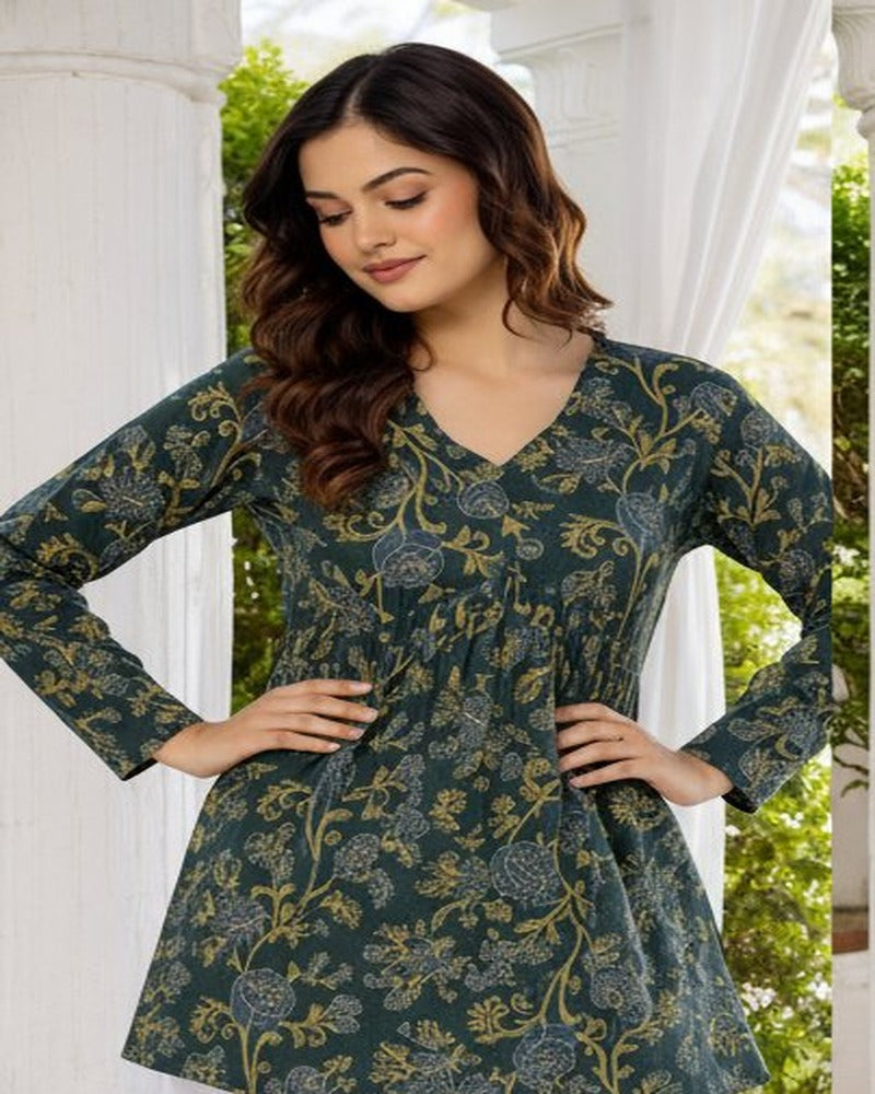 Women Forest Green Floral Cotton Tunic Top – Soft & Breathable