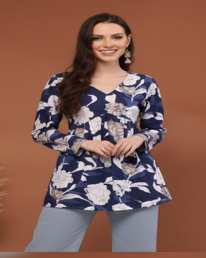 Women Navy Blue Floral Cotton Tunic Top – Soft & Breathable
