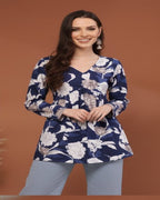 Women Navy Blue Floral Cotton Tunic Top – Soft & Breathable