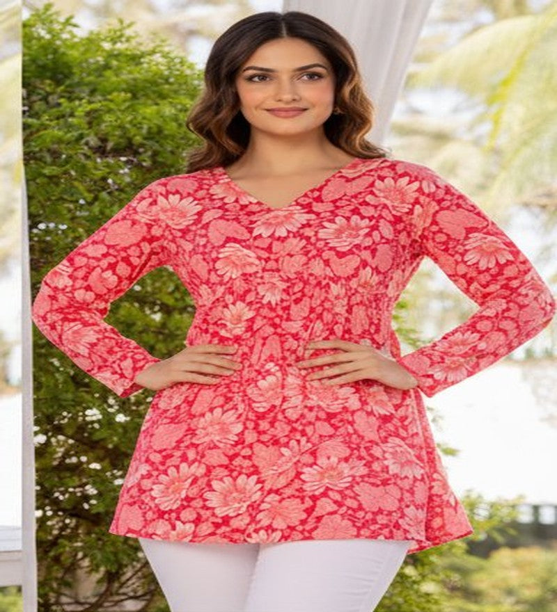 Women Coral Red Floral Cotton Tunic Top – Soft & Breathable