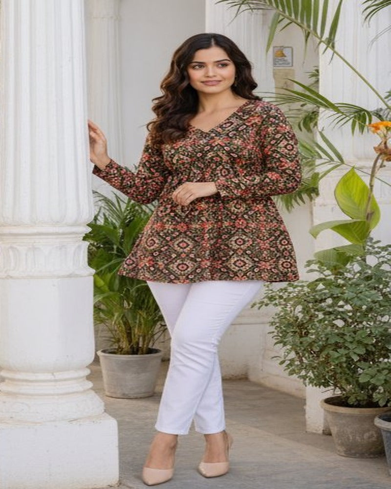 Women Multicolor Ethnic Print Cotton Tunic Top – Soft & Breathable