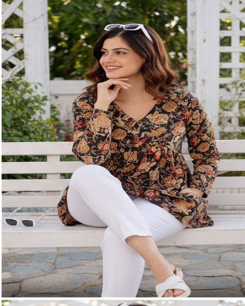 Women Dark Olive Floral Cotton Tunic Top – Soft & Breathable