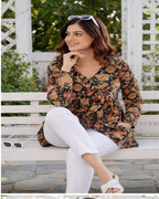 Women Dark Olive Floral Cotton Tunic Top – Soft & Breathable