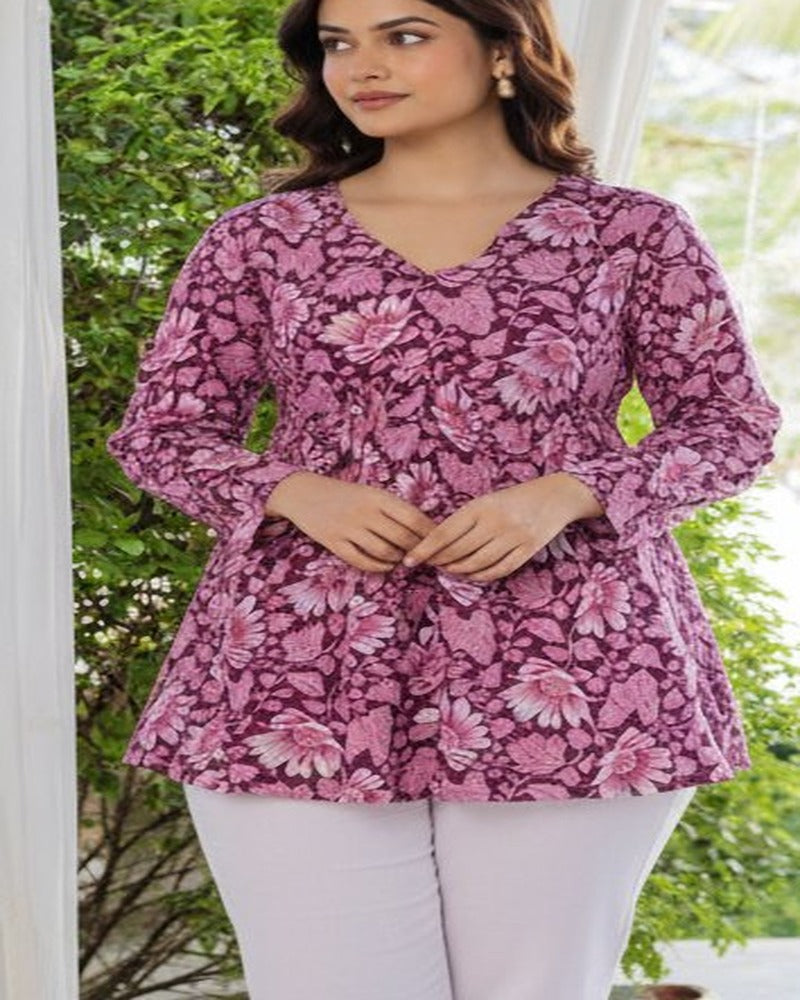Women Plum Floral Cotton Tunic Top – Soft & Breathable