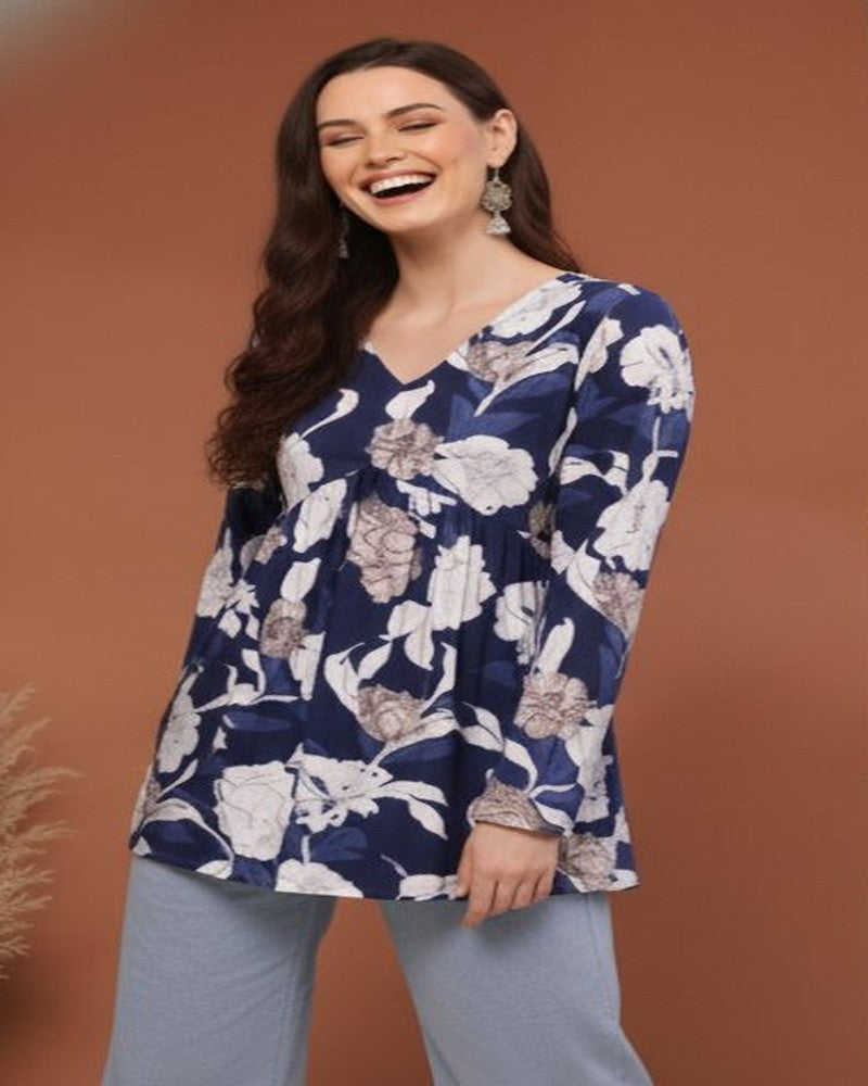 Women Navy Blue Floral Cotton Tunic Top – Soft & Breathable