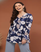 Women Navy Blue Floral Cotton Tunic Top – Soft & Breathable