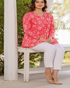 Women Coral Red Floral Cotton Tunic Top – Soft & Breathable