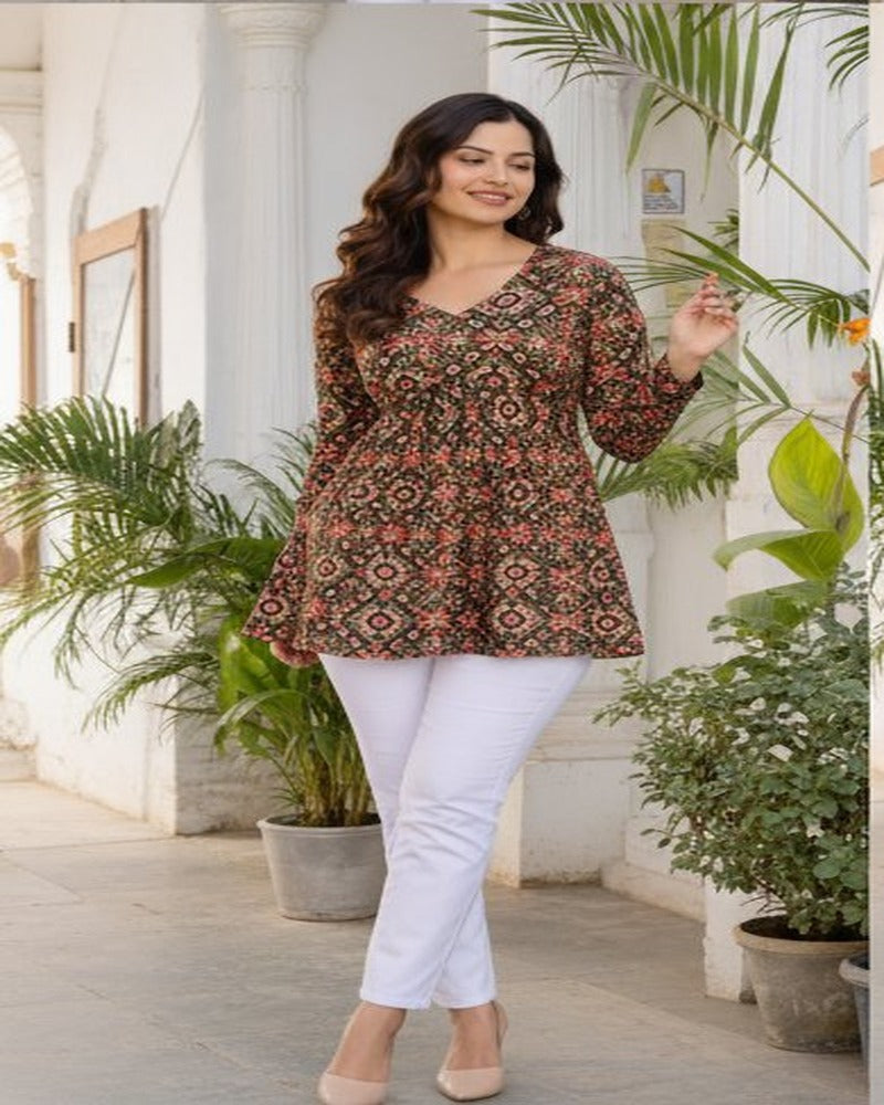 Women Multicolor Ethnic Print Cotton Tunic Top – Soft & Breathable