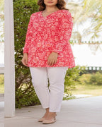 Women Coral Red Floral Cotton Tunic Top – Soft & Breathable