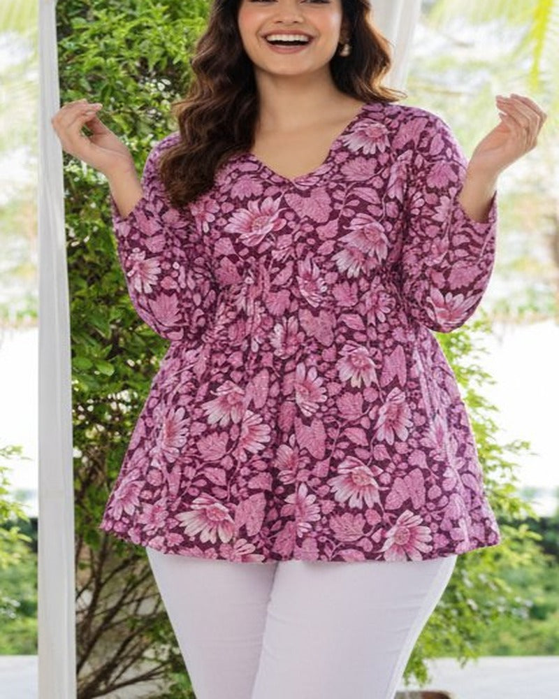 Women Plum Floral Cotton Tunic Top – Soft & Breathable