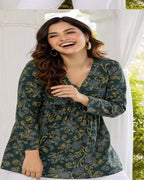 Women Forest Green Floral Cotton Tunic Top – Soft & Breathable