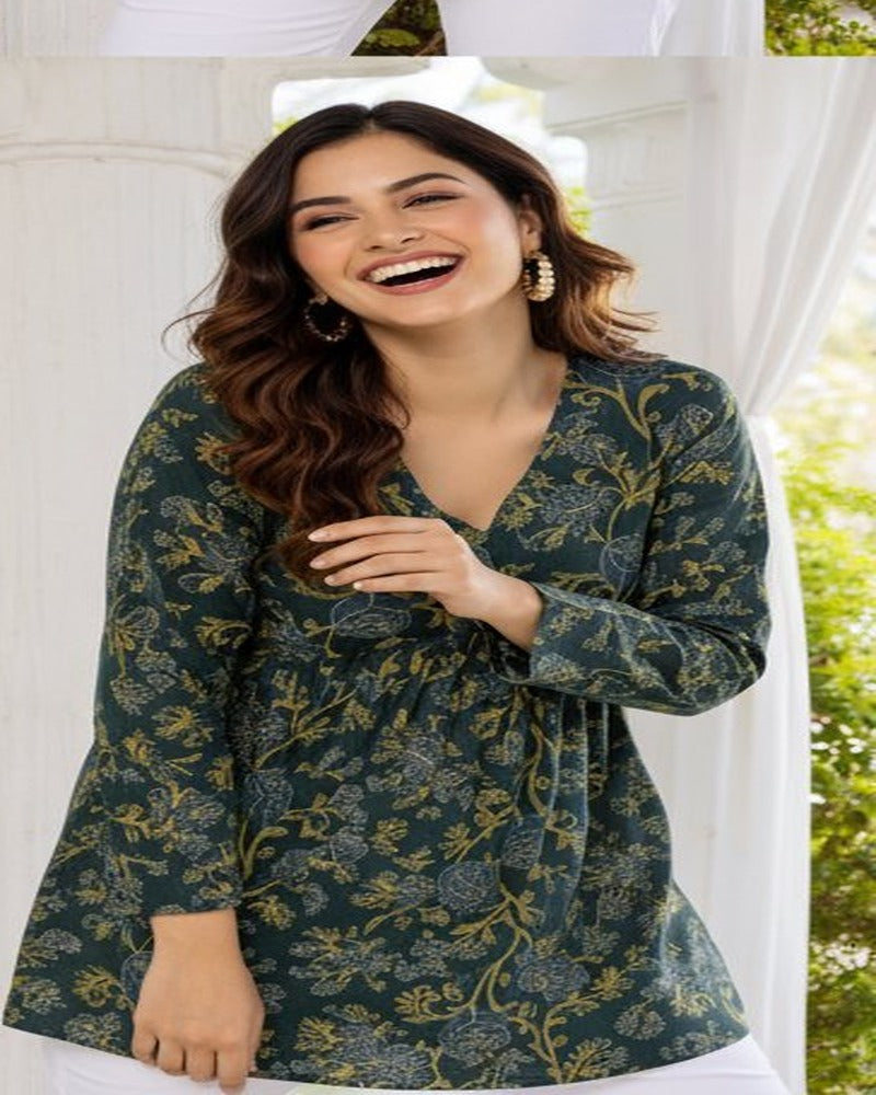 Women Forest Green Floral Cotton Tunic Top – Soft & Breathable
