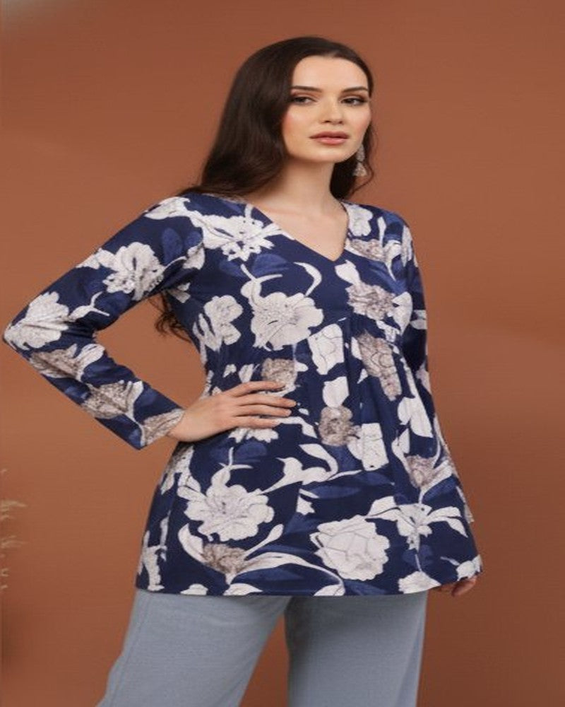 Women Navy Blue Floral Cotton Tunic Top – Soft & Breathable
