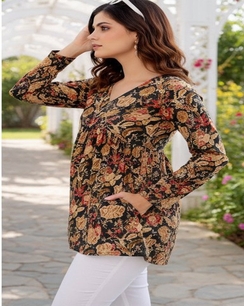 Women Dark Olive Floral Cotton Tunic Top – Soft & Breathable