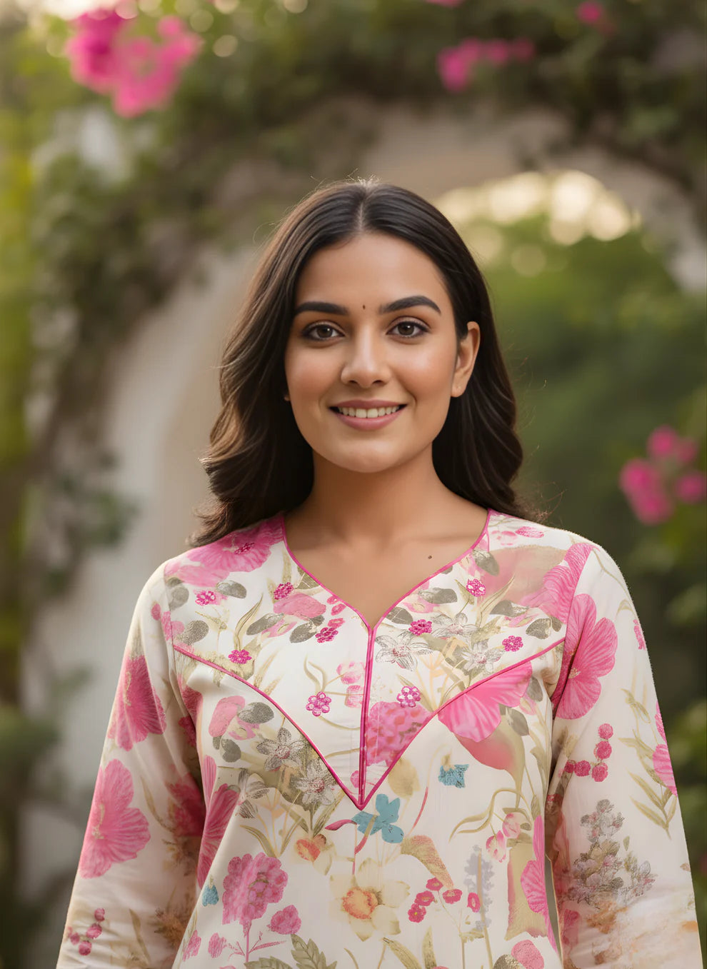 Off-White Watercolour Botanical Floral Print Pure Cotton Straight Kurta & Pants Set with Pink Piping Detail