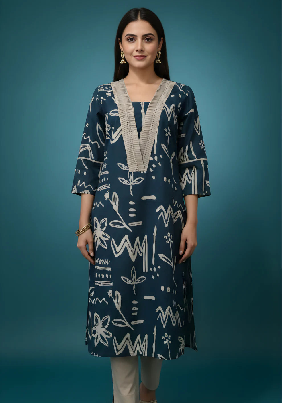 Blue Beige Pure Cotton Printed Kurta Set