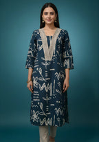 Blue Beige Pure Cotton Printed Kurta Set