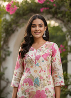 Off-White Watercolour Botanical Floral Print Pure Cotton Straight Kurta & Pants Set with Pink Piping Detail