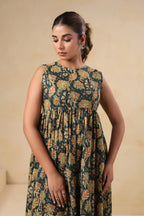 Dark Green Floral Printed Sleeveless Cotton Flare Dress for Women