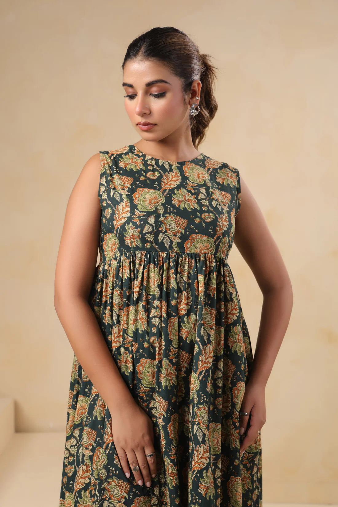 Dark Green Floral Printed Sleeveless Cotton Flare Dress for Women