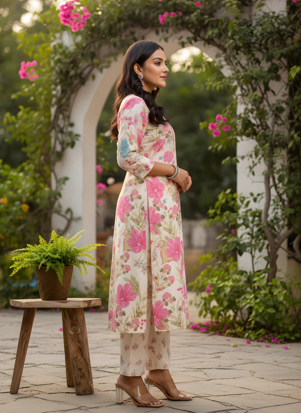 Off-White Watercolour Botanical Floral Print Pure Cotton Straight Kurta & Pants Set with Pink Piping Detail