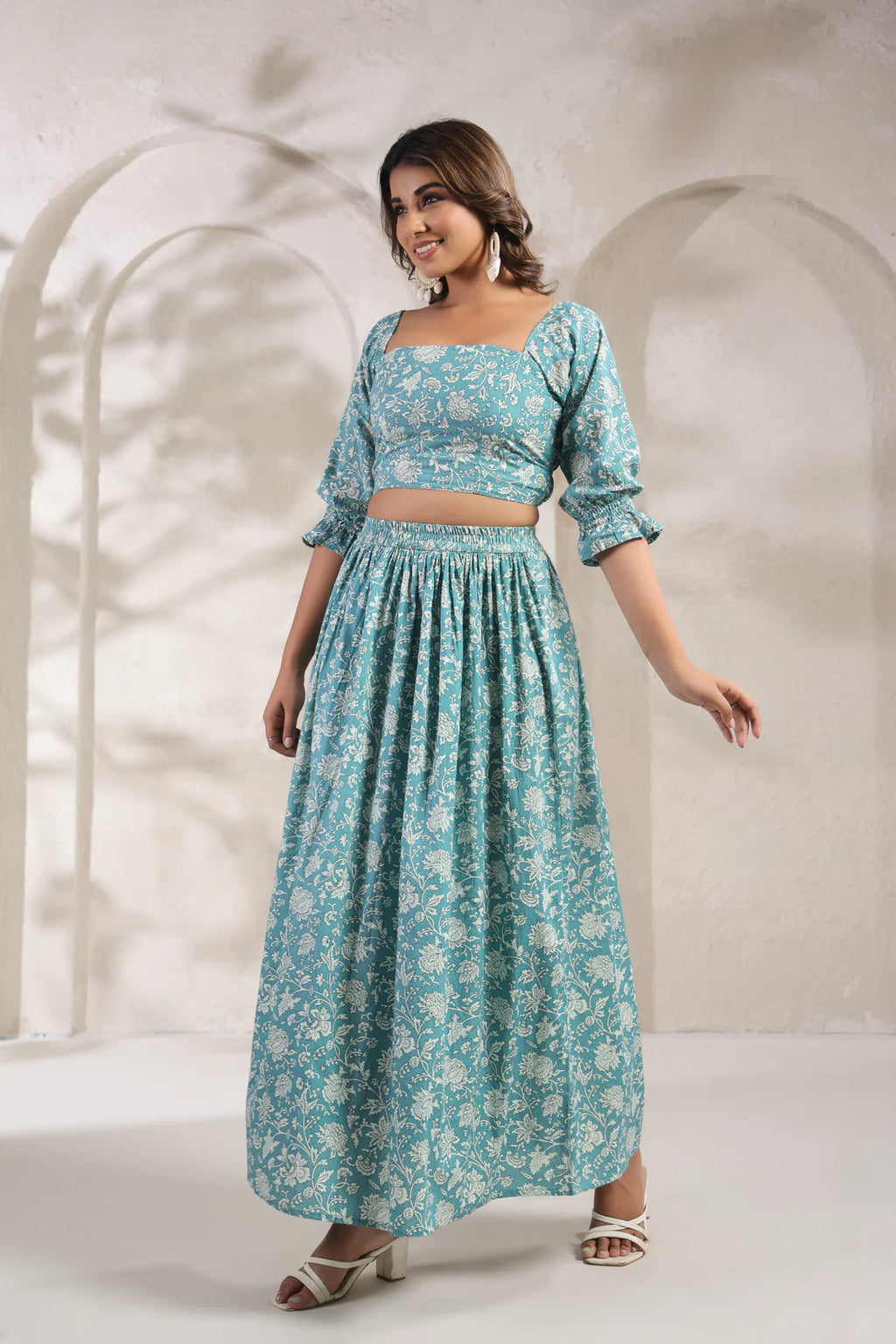 Elegant Cotton Crop Top & Skirt Co-ord Set – Floral Print | Summer Ethnic Wear