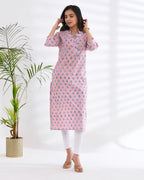 Hand Block Printed Cotton Kurti — Sculpted Neckline, Elegant Daily Wear