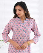 Hand Block Printed Cotton Kurti — Sculpted Neckline, Elegant Daily Wear