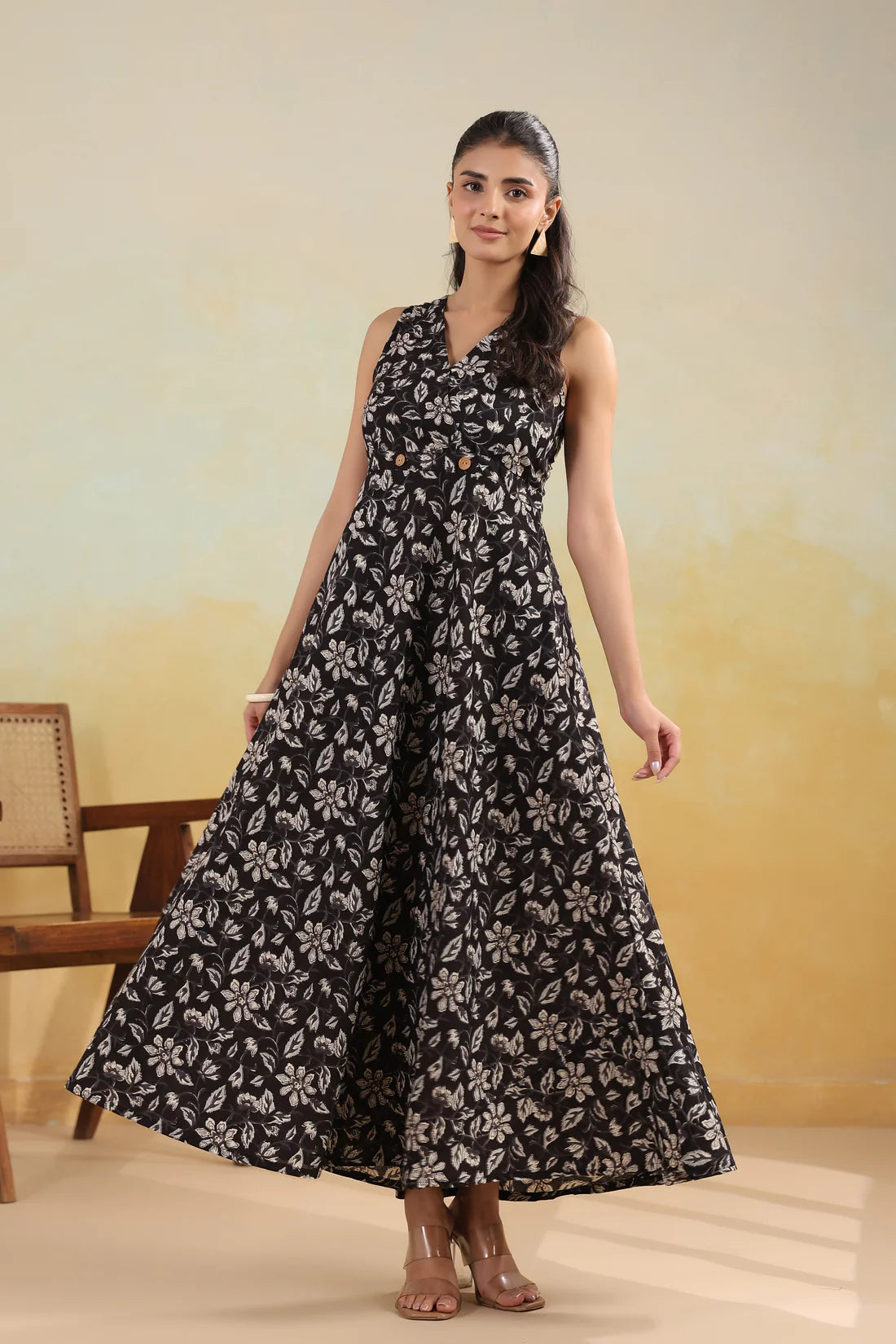 Women’s Pure Cotton Hand Block Printed Flared Maxi Dress – Black Floral