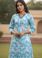 Elegant Blue Floral Printed Kurta Set in Pure Cotton
