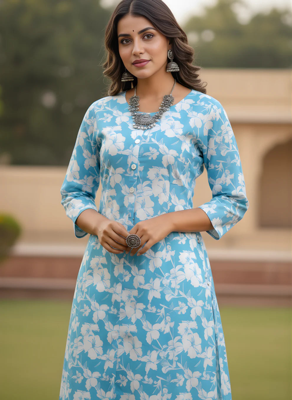 Elegant Blue Floral Printed Kurta Set in Pure Cotton