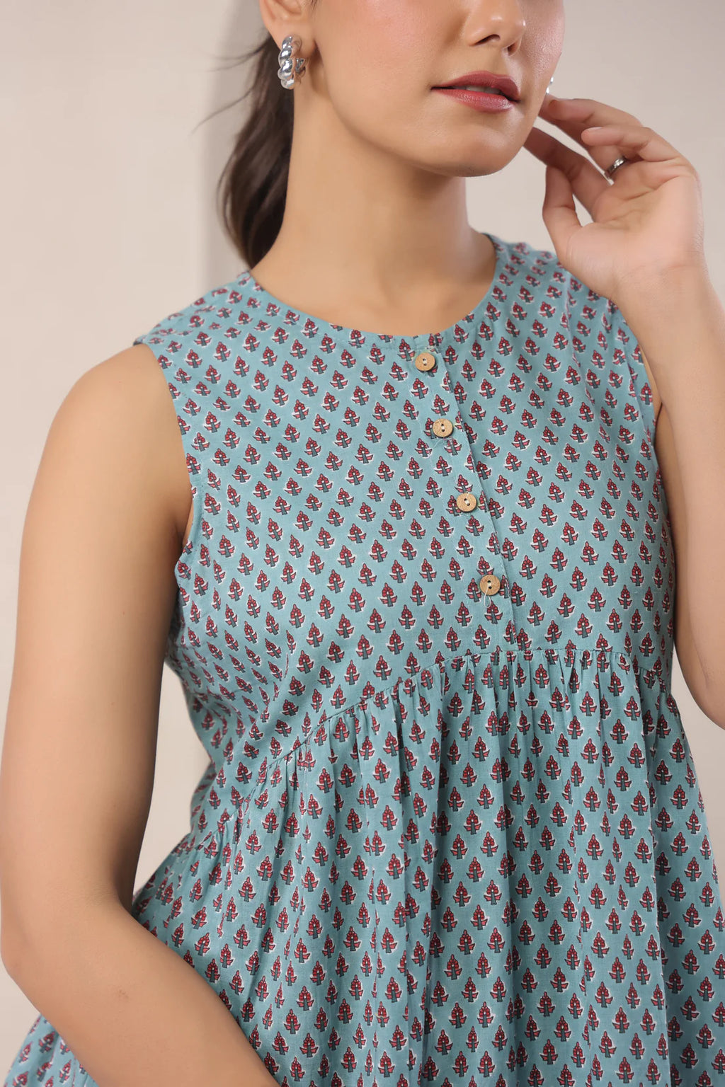 Printed Cotton Front Placket Midi Dress — Sleeveless, Everyday Comfort Fit