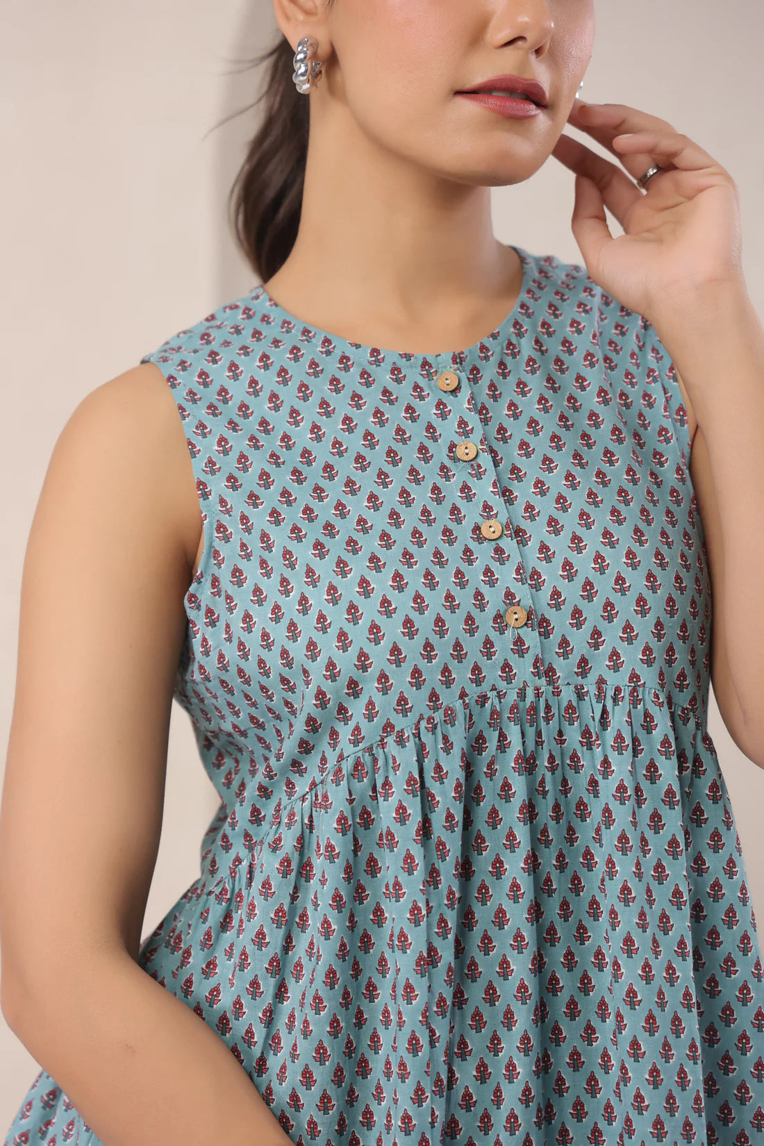 Printed Cotton Front Placket Midi Dress — Sleeveless, Everyday Comfort Fit