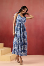Blue Floral Printed Pure Cotton Maxi Dress — Shoulder Tie Straps