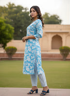 Elegant Blue Floral Printed Kurta Set in Pure Cotton