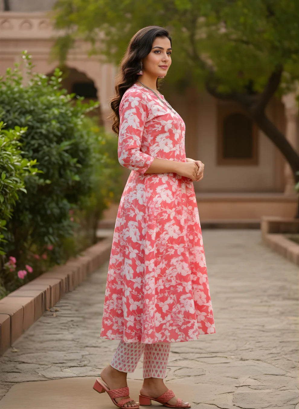 Coral Pink Floral Print Pure Cotton Tiered Kurta & Printed Pants Set