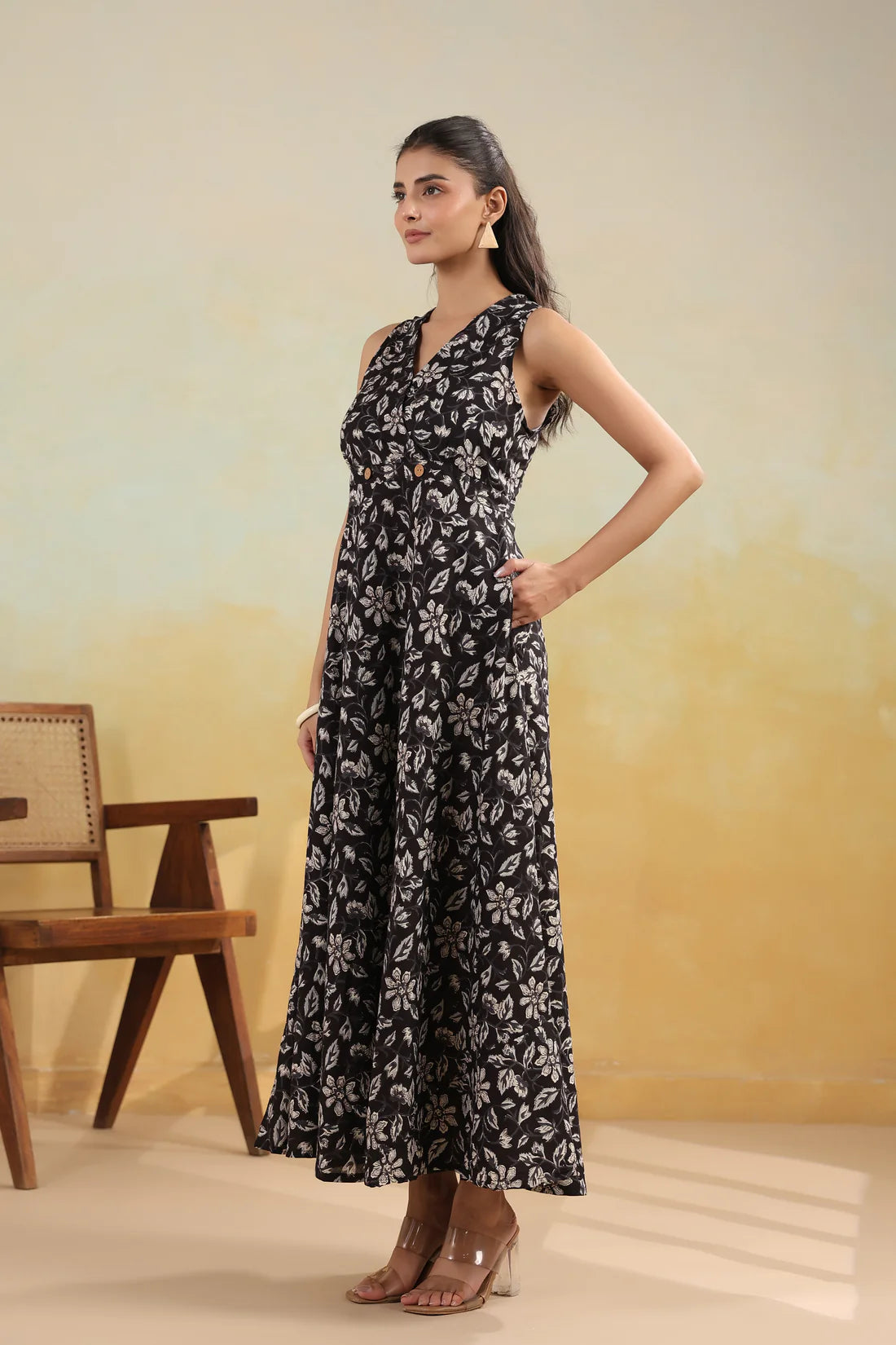 Women’s Pure Cotton Hand Block Printed Flared Maxi Dress – Black Floral