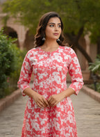 Coral Pink Floral Print Pure Cotton Tiered Kurta & Printed Pants Set