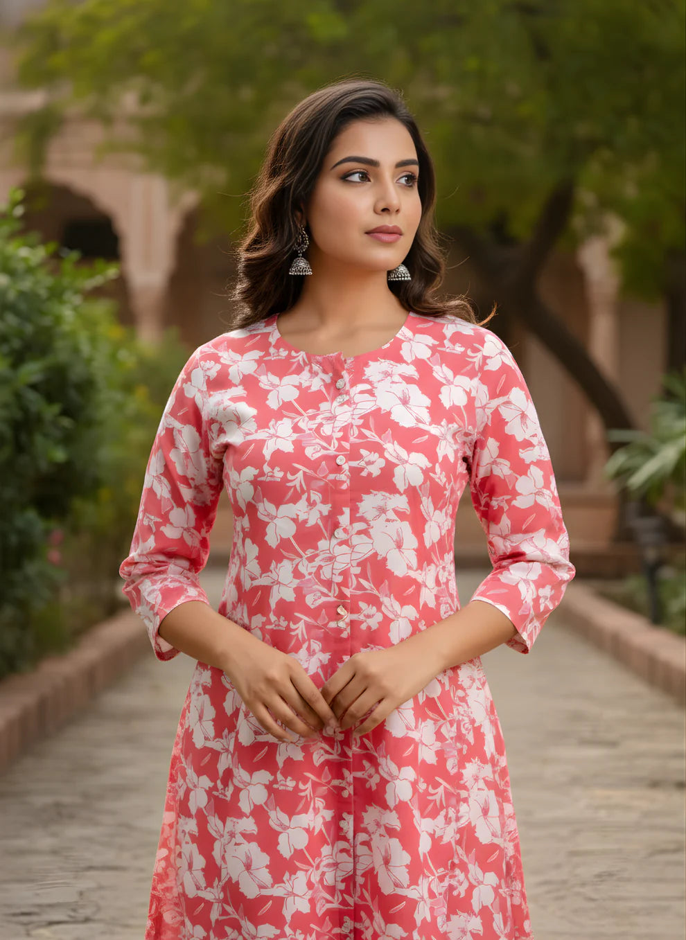 Coral Pink Floral Print Pure Cotton Tiered Kurta & Printed Pants Set