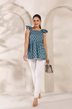 Teal Blue Pure Cotton Lotus Booti Printed Peplum Top