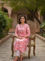 Coral Pink Floral Print Pure Cotton Tiered Kurta & Printed Pants Set