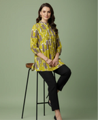Aarohi Green Abstract Jaipuri Pure Cotton Gathered Top with Mandarin Neck & Three-Quarter Sleeves