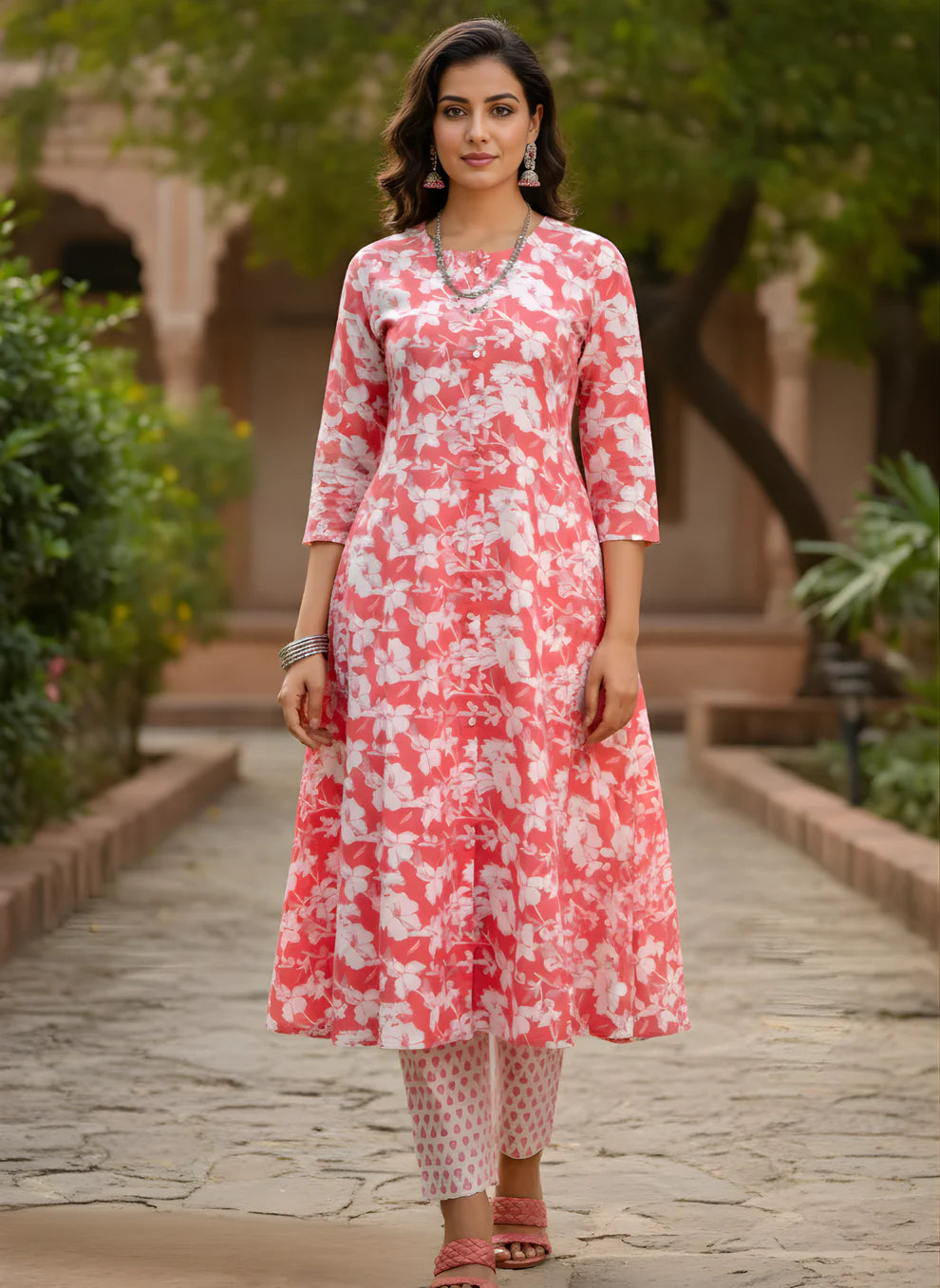 Coral Pink Floral Print Pure Cotton Tiered Kurta & Printed Pants Set