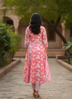 Coral Pink Floral Print Pure Cotton Tiered Kurta & Printed Pants Set