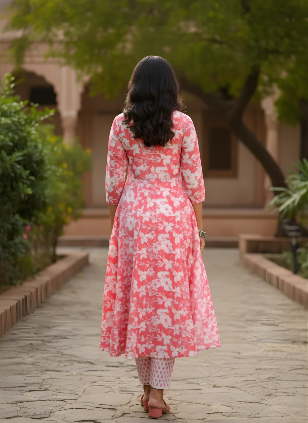 Coral Pink Floral Print Pure Cotton Tiered Kurta & Printed Pants Set