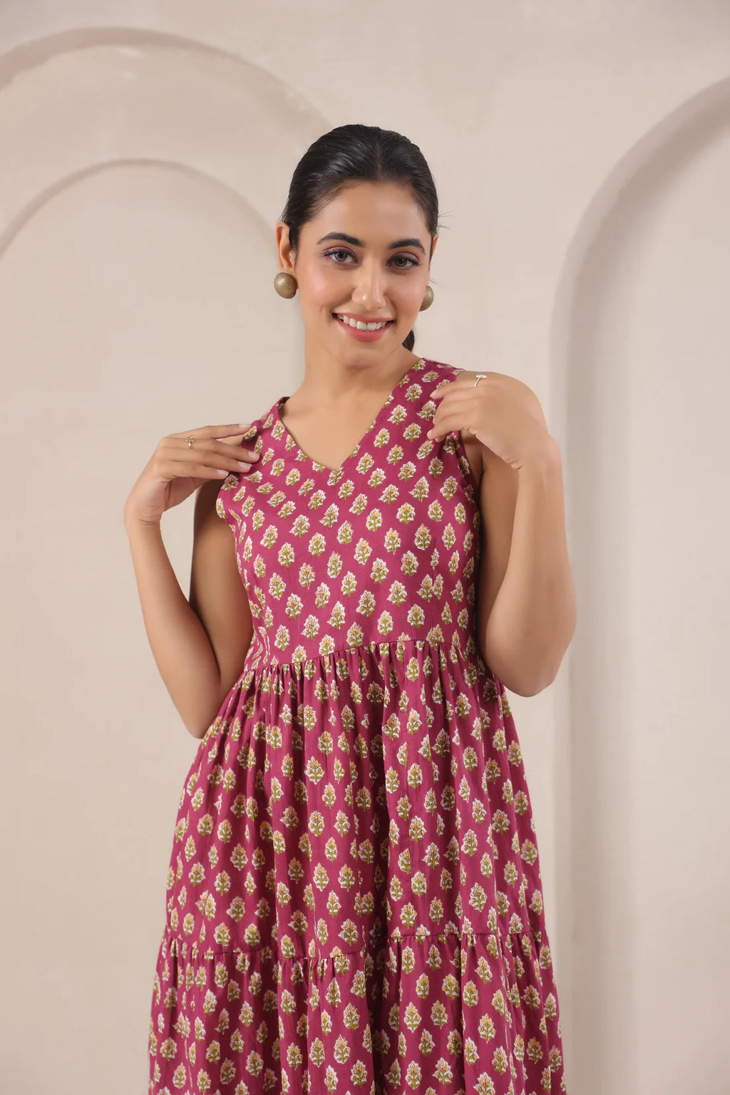 Wine Printed Sleeveless Cotton Flare Dress for Women