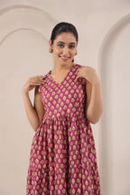 Wine Printed Sleeveless Cotton Flare Dress for Women